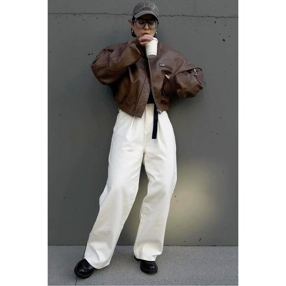 Women Brown Faux Leather Cropped Bomber Jacket Baseball Collar Zip Up - Picture 5 of 7